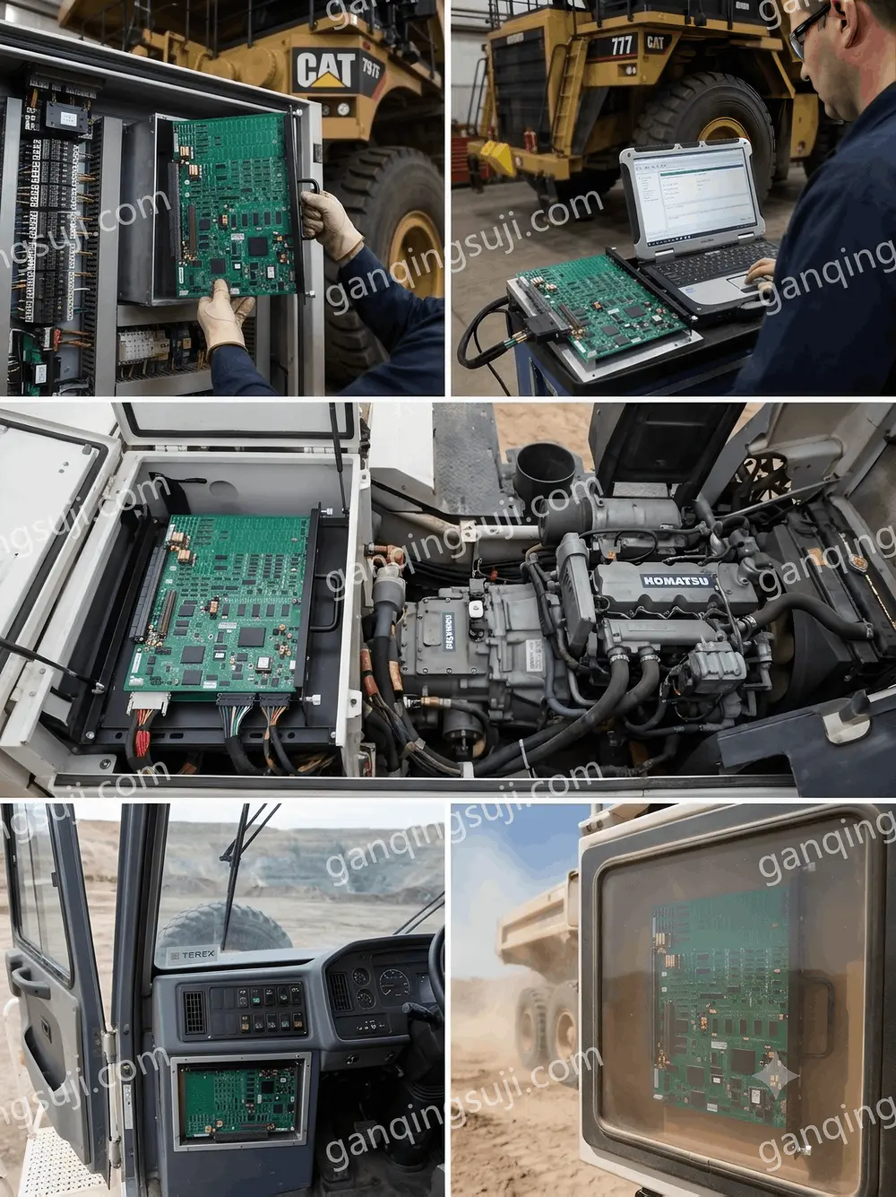 Technician installing Allison Transmission Card 17FB190 in Komatsu 930E electrical cabinet