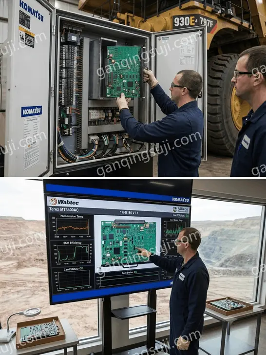 Technician installing Allison Transmission Card 17FB190 in Komatsu 930E control cabinet