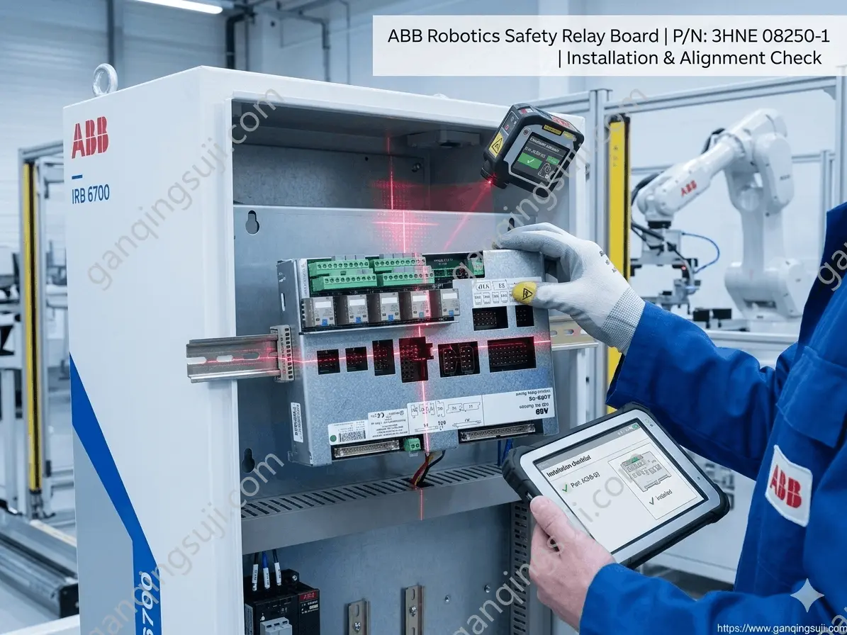 Field engineer troubleshooting ABB robot safety relay error using laser alignment and digital tablet checklist in factory Field engineer troubleshooting ABB robot safety relay error using laser alignment and digital tablet checklist in factory