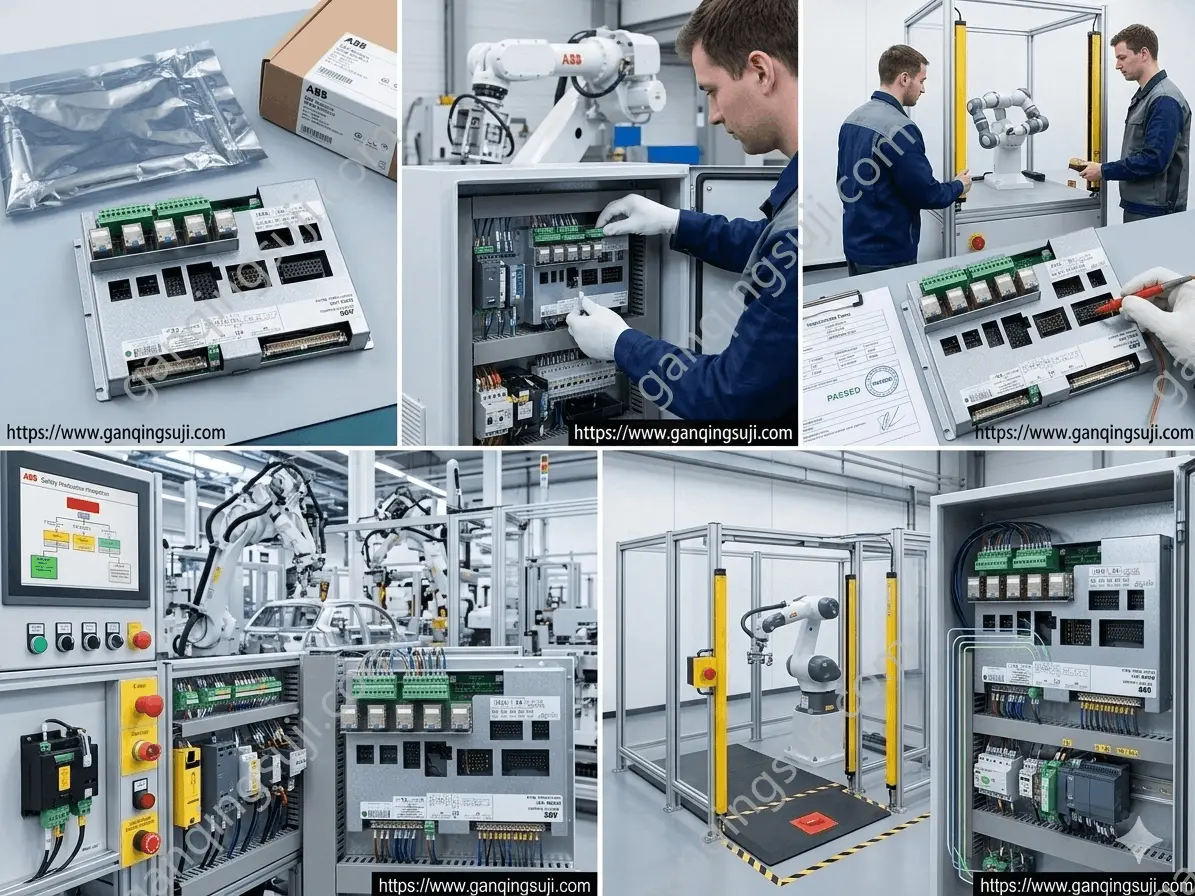 Industrial automation control cabinet integration featuring ABB ACRB-03 safety relay boards for robotic work cells