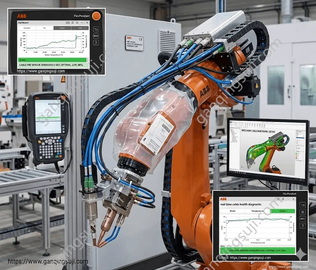 ABB FlexPendant interface screen showing real-time cable health diagnostic and 3HNA029012-001 strain data