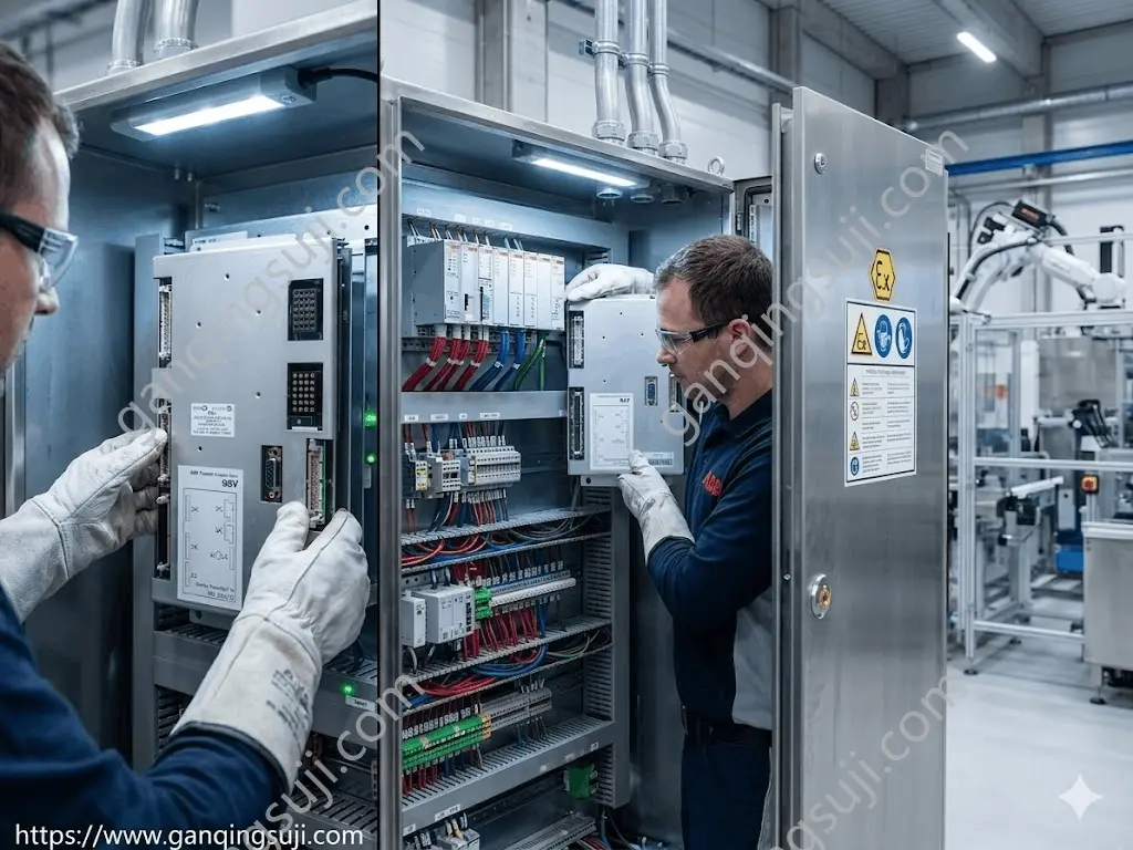 ●Industrial technician installing ABB AEXB-02 purge controller inside electrical cabinet ●Industrial technician installing ABB AEXB-02 purge controller inside electrical cabinet