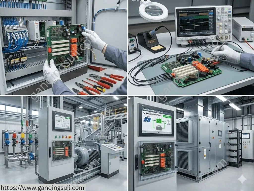 ABB 3HNE00010-1 Main Controller Board being tested with an oscilloscope on an industrial automation electronics workbench.