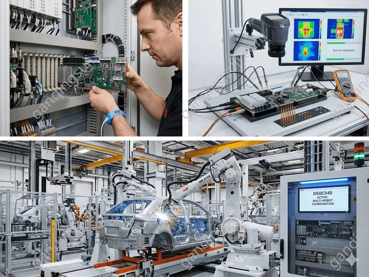 ●Industrial automotive assembly line and robot controller cabinet showing preventative maintenance testing