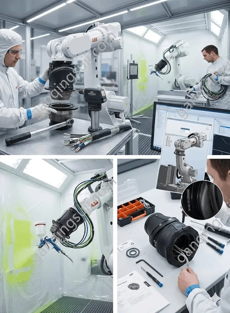 ABB sealed hollow wrist robot 3HNA027421-001 performing spray painting application inside a clean path paint booth ABB sealed hollow wrist robot 3HNA027421-001 performing spray painting application inside a clean path paint booth