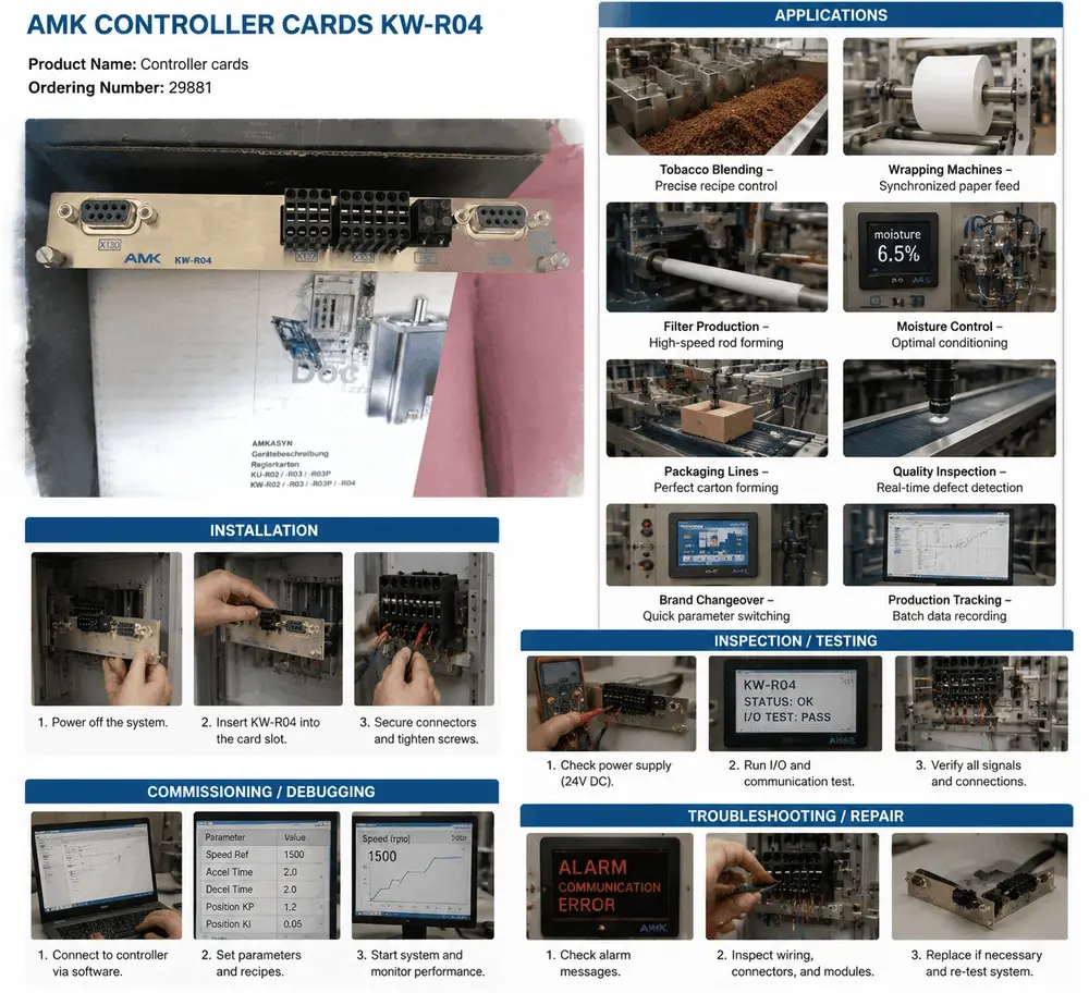 AMK KW-R04 controller card application scenarios in tobacco blending, moisture control, and automated high-speed packaging lines