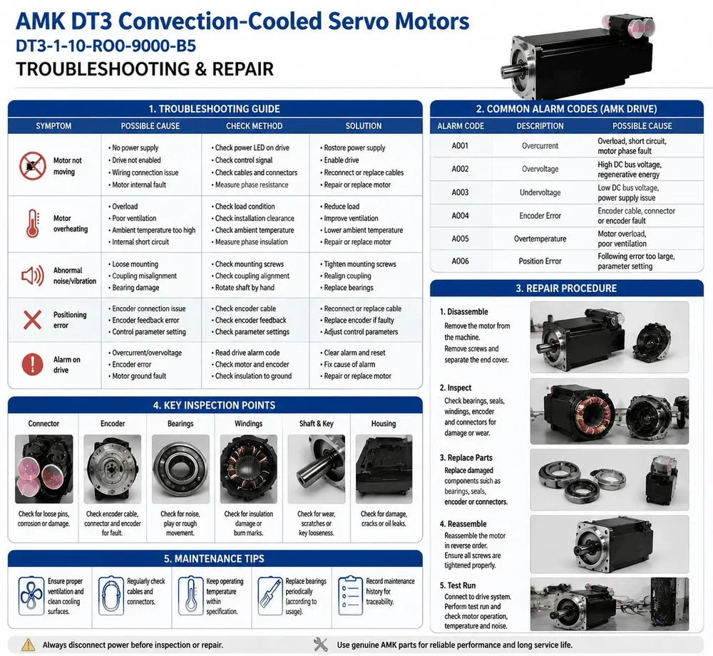 AMK drive troubleshooting guide with alarm codes A001-A006 and genuine servo motor repair procedures for procurement reference