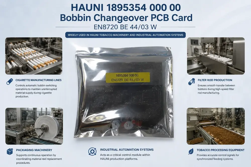 HAUNI 1895354 000 00 Bobbin Changeover PCB Card EN8720 BE 44/03 W applications in cigarette manufacturing, filter production and packaging machinery