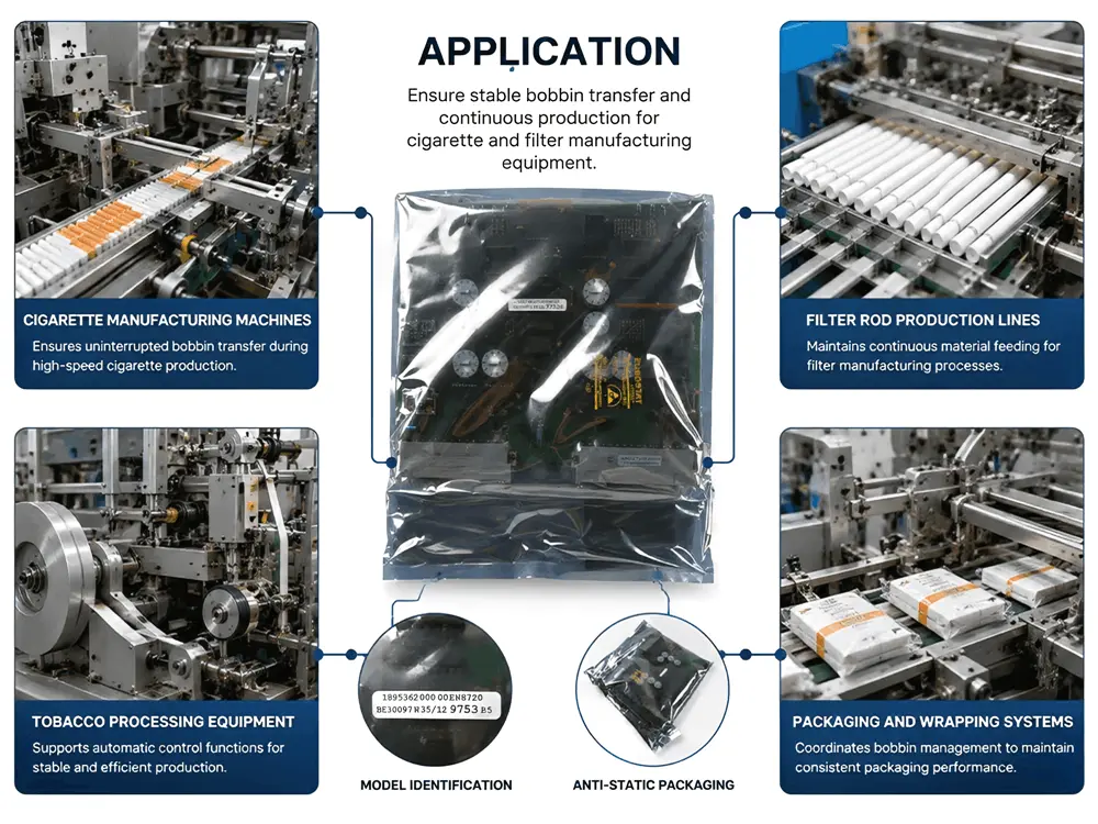 HAUNI 1895362 000 00 EN8720 Bobbin Changeover PCB Card application in cigarette manufacturing machines, filter rod production lines, tobacco processing equipment and packaging systems