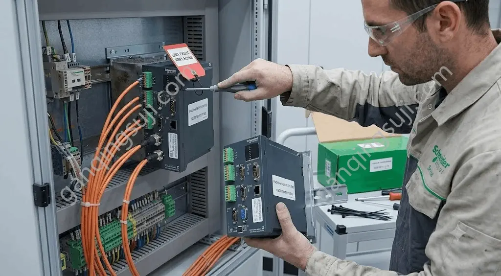 An electrical engineer holds a new Schneider C600 controller next to a faulty unit labeled for replacement inside a control cabinet