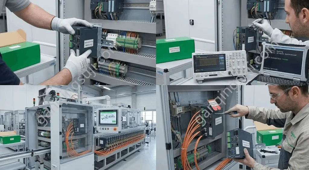 Four steps of Schneider PacDrive C600 controller lifecycle including installation, diagnostic testing, and onsite replacement Four steps of Schneider PacDrive C600 controller lifecycle including installation, diagnostic testing, and onsite replacement