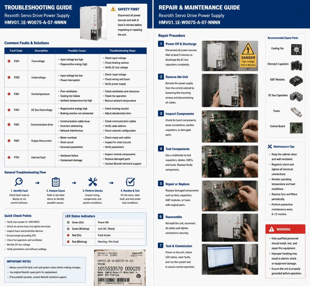 Recommended spare parts list for Rexroth HMV01.1E including cooling fan and capacitors