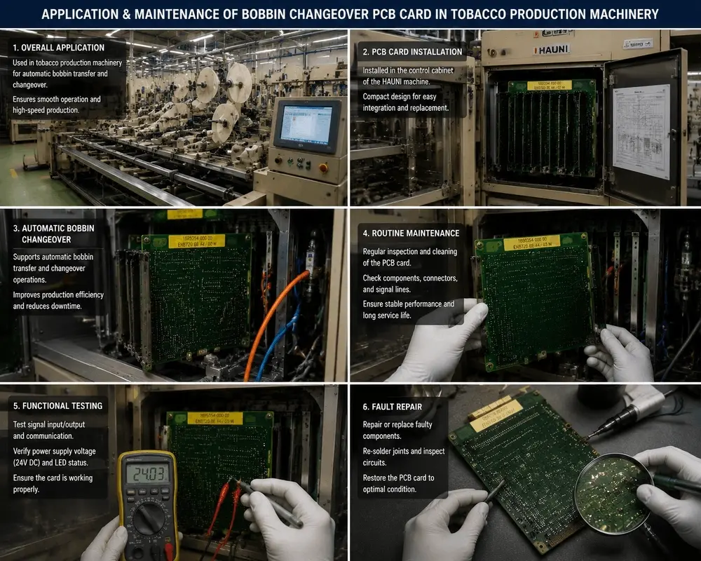●Original HAUNI EN8720 BE 44/03 W bobbin changeover PCB card model 1895354 000 00 installed in a tobacco machinery control cabinet.