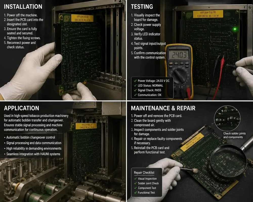 ●Technician testing the 24V DC power supply voltage of a HAUNI bobbin changeover circuit board using a digital multimeter. ●Technician testing the 24V DC power supply voltage of a HAUNI bobbin changeover circuit board using a digital multimeter.