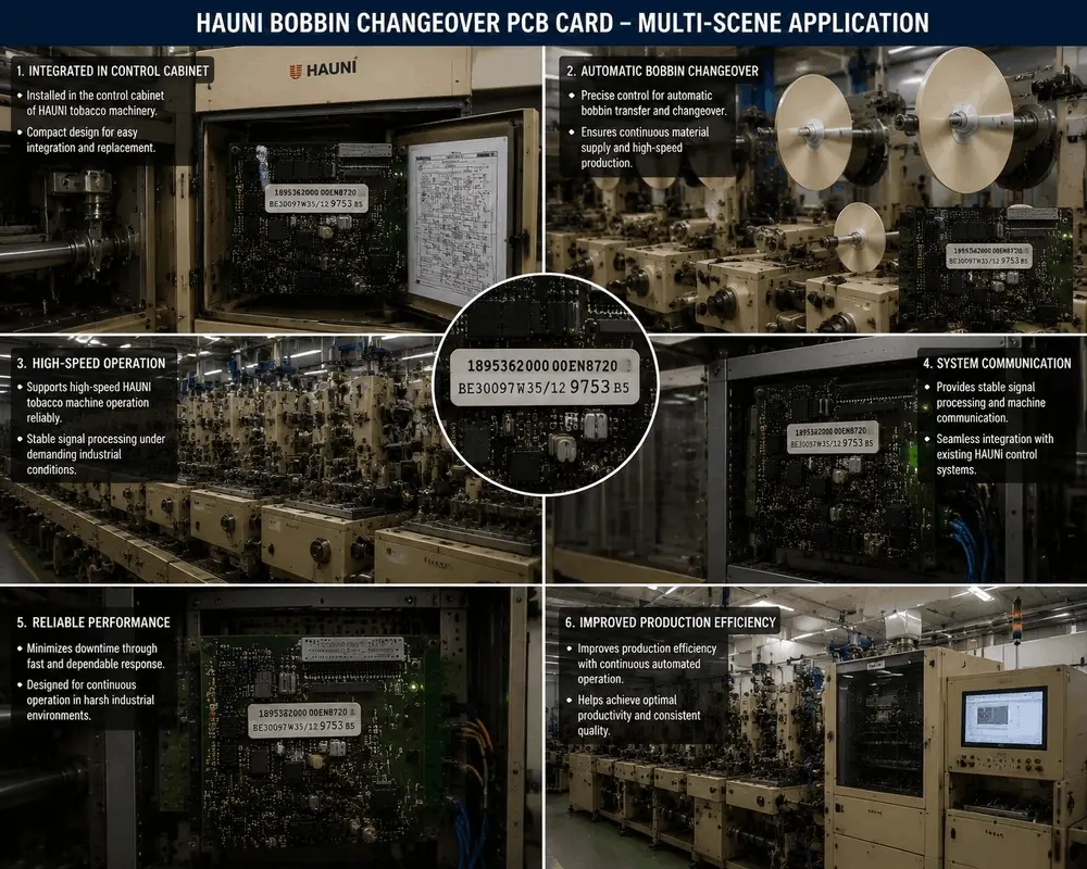 Engineers preparing to troubleshoot a HAUNI 1895362000 00 bobbin changeover PCB card in a control cabinet