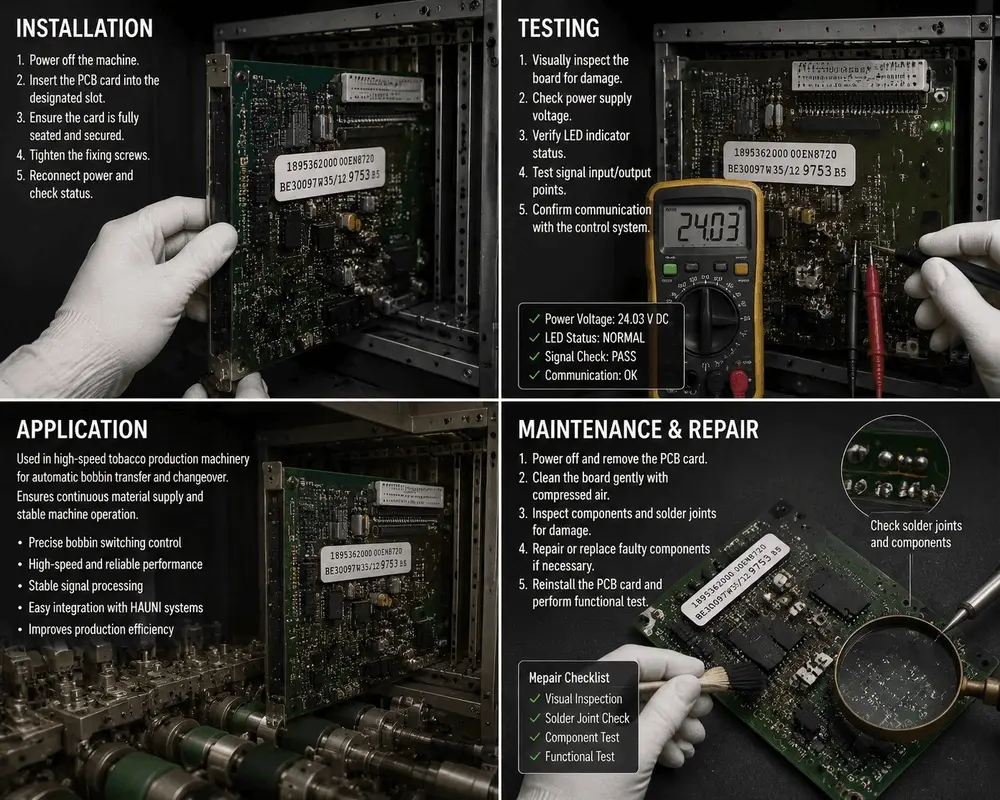 ○Testing the 24.03V DC power voltage on a HAUNI EN8720 BE30097W3512 circuit board using a digital multimeter.