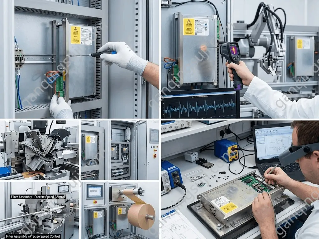 ●Technician testing AMK KWD 2 servo drive with thermal camera for tobacco machinery maintenance ●Technician testing AMK KWD 2 servo drive with thermal camera for tobacco machinery maintenance