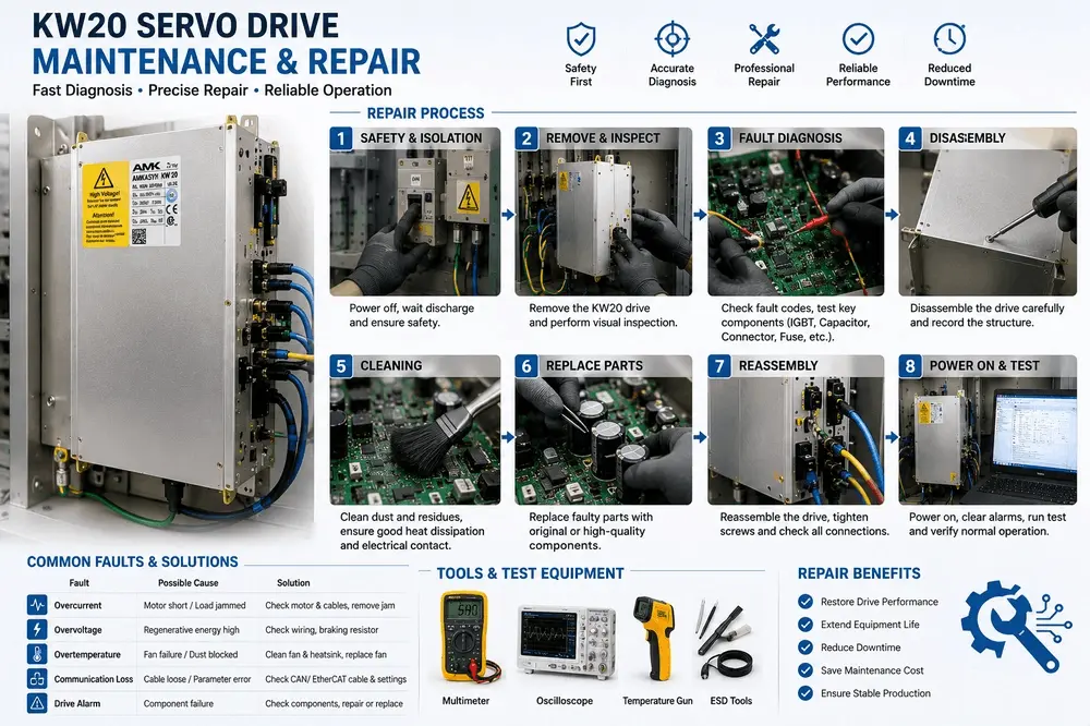 ●AMK Servo Drive KW20 maintenance repair process and common faults solution guide ●AMK Servo Drive KW20 maintenance repair process and common faults solution guide